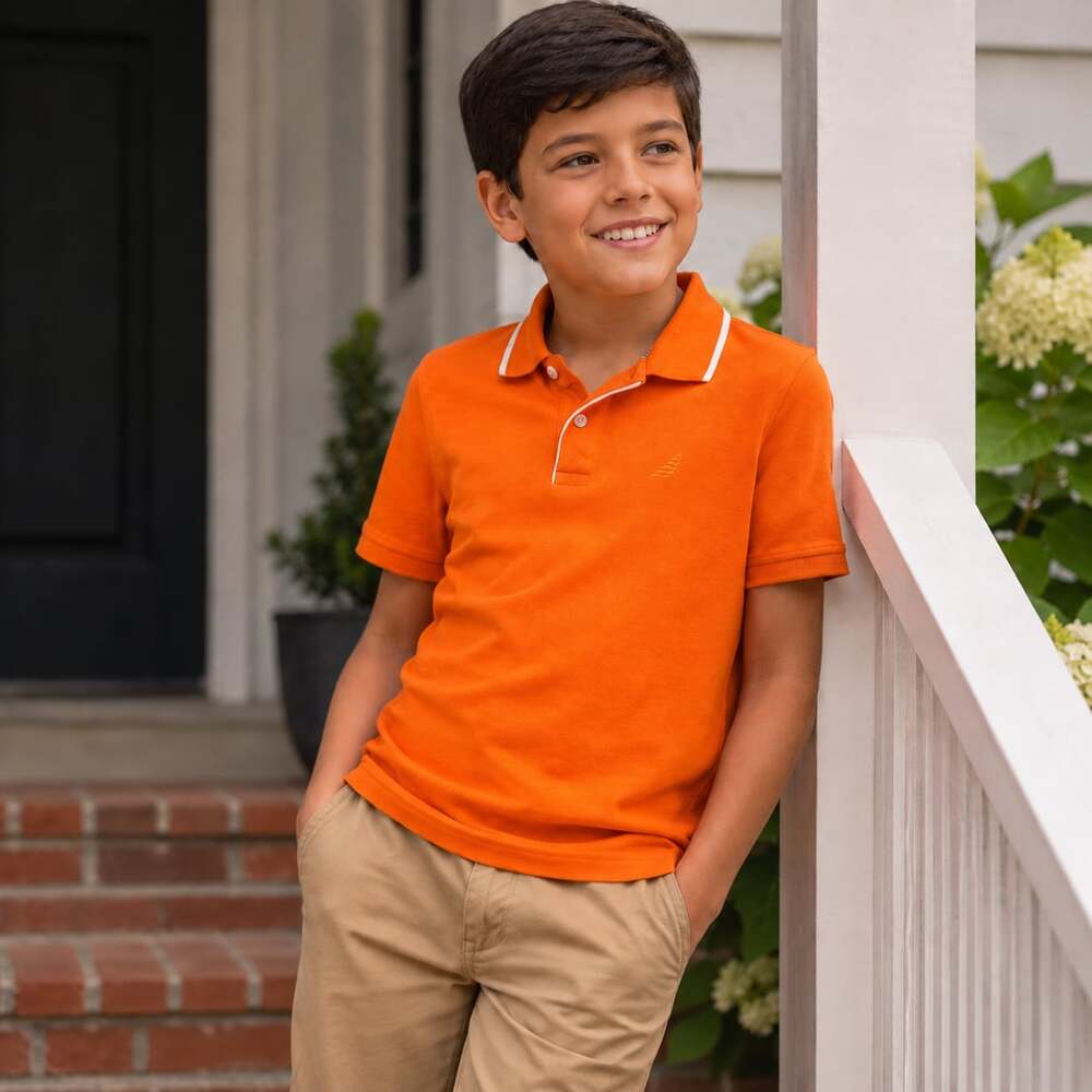 Nautica Boys Orange Short Sleeve Pique Polo Shirt with Contrast Trim - Medium (1